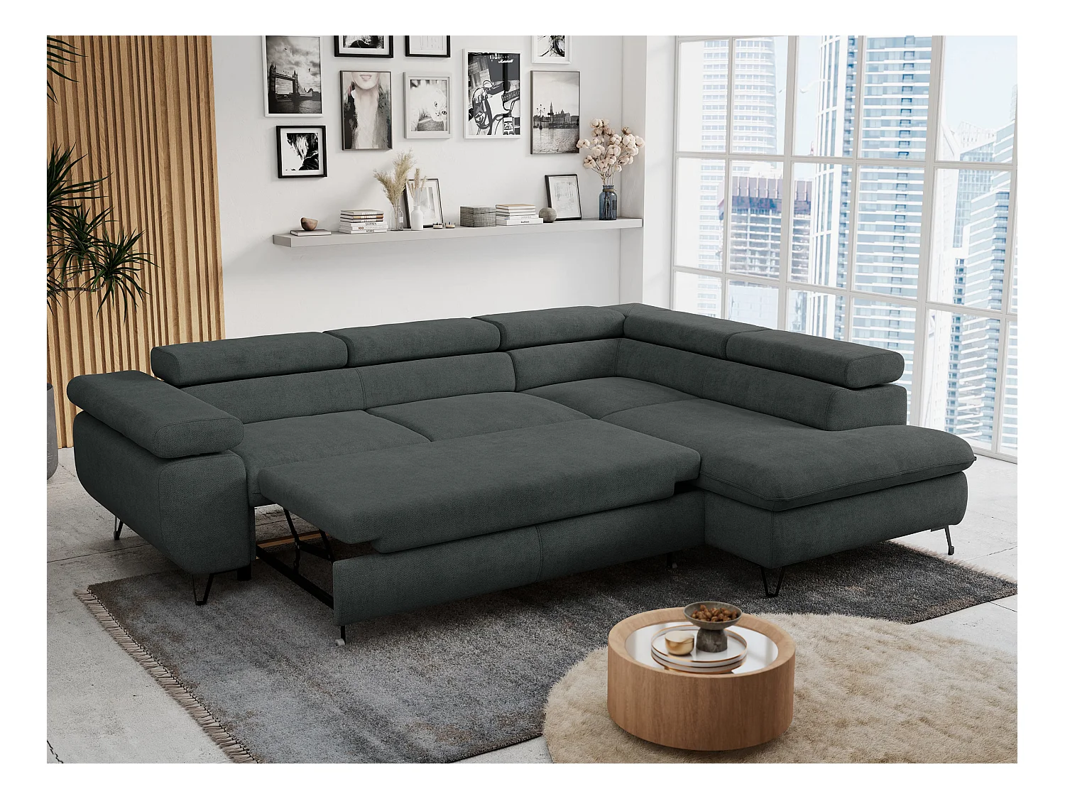 Ecksofa PETER verstellbare Kopfstütze, schlaffunktion - Dunkelgrau Stukture - Ecke Rechts