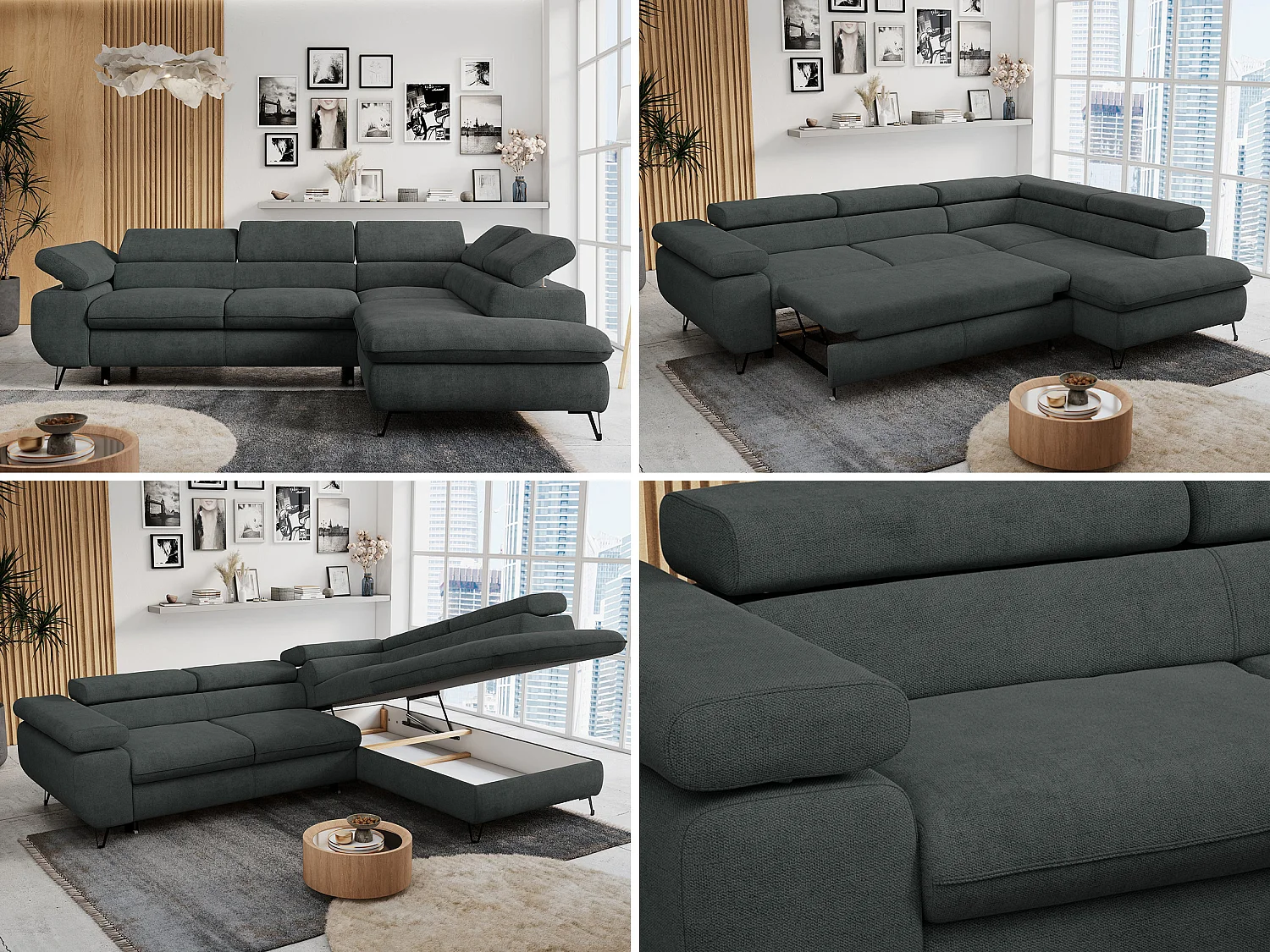 Ecksofa PETER verstellbare Kopfstütze, schlaffunktion - Dunkelgrau Stukture - Ecke Rechts