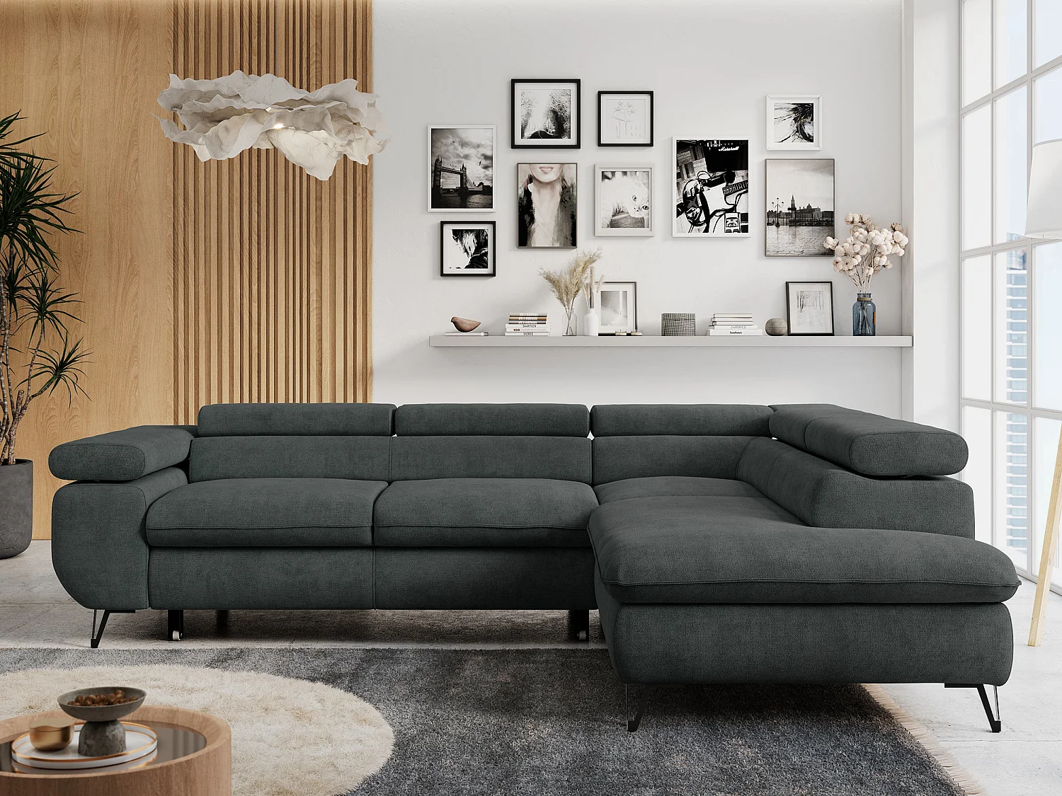 Ecksofa PETER verstellbare Kopfstütze, schlaffunktion - Dunkelgrau Stukture - Ecke Rechts