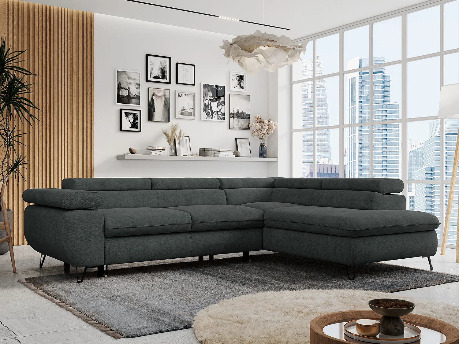 Ecksofa PETER verstellbare Kopfstütze, schlaffunktion - Dunkelgrau Stukture - Ecke Rechts