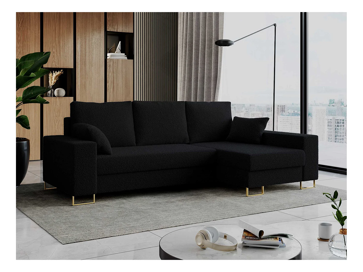 Ecksofa DORIAN - schlaffunktion und Bettkasten, lose Kissen - Schwarz Boucle