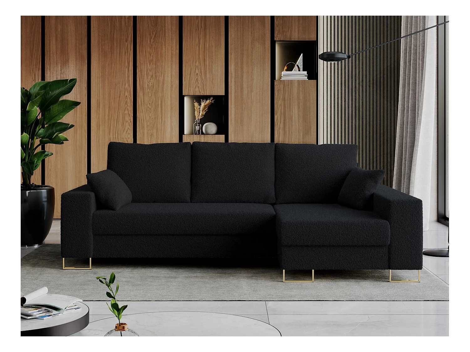 Ecksofa DORIAN - schlaffunktion und Bettkasten, lose Kissen - Schwarz Boucle