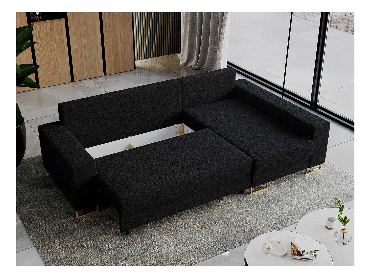 Ecksofa DORIAN - schlaffunktion und Bettkasten, lose Kissen - Schwarz Boucle