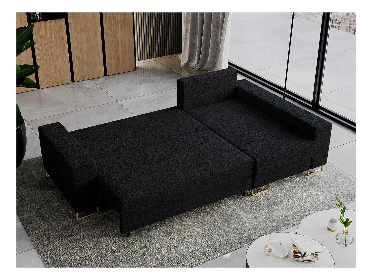 Ecksofa DORIAN - schlaffunktion und Bettkasten, lose Kissen - Schwarz Boucle