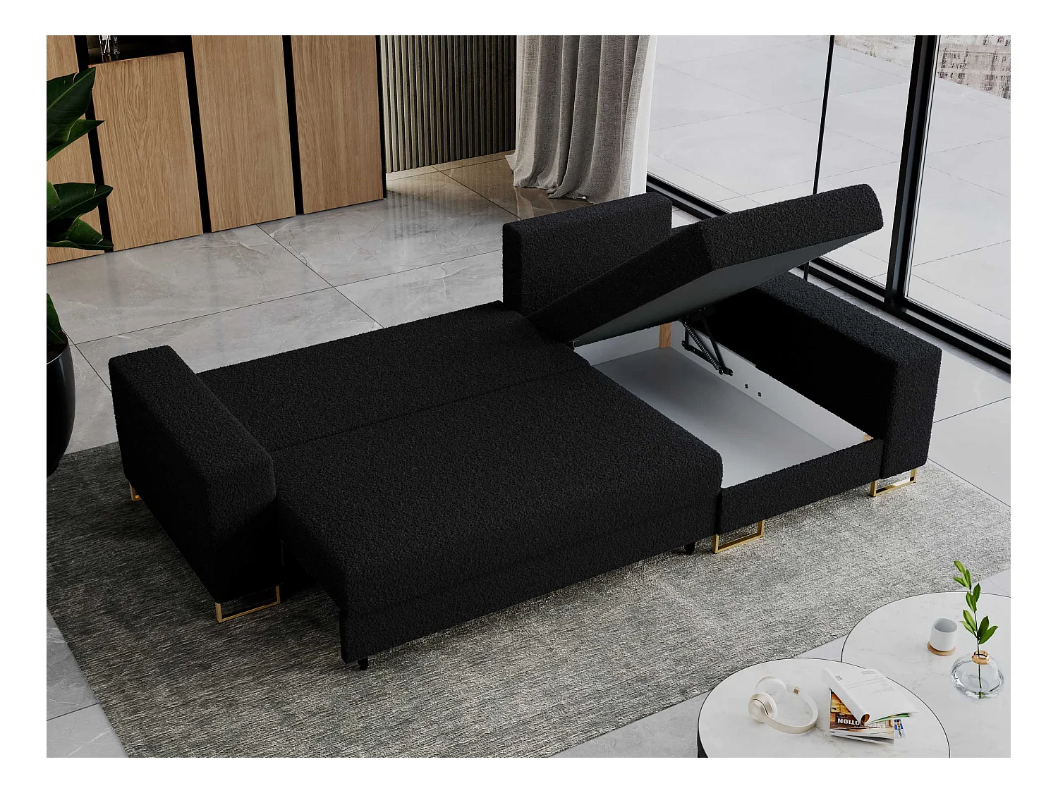 Ecksofa DORIAN - schlaffunktion und Bettkasten, lose Kissen - Schwarz Boucle