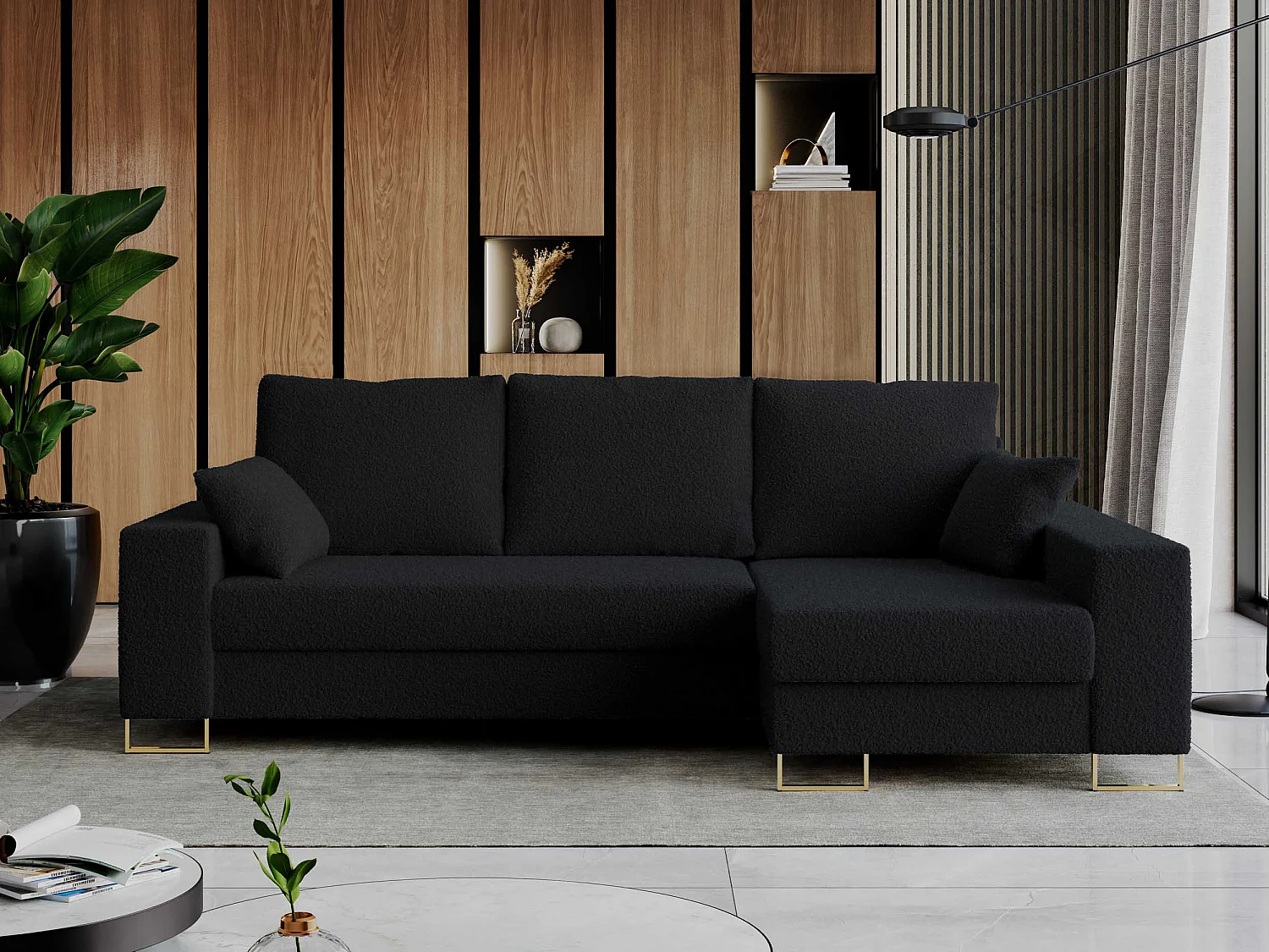 Ecksofa DORIAN - schlaffunktion und Bettkasten, lose Kissen - Schwarz Boucle