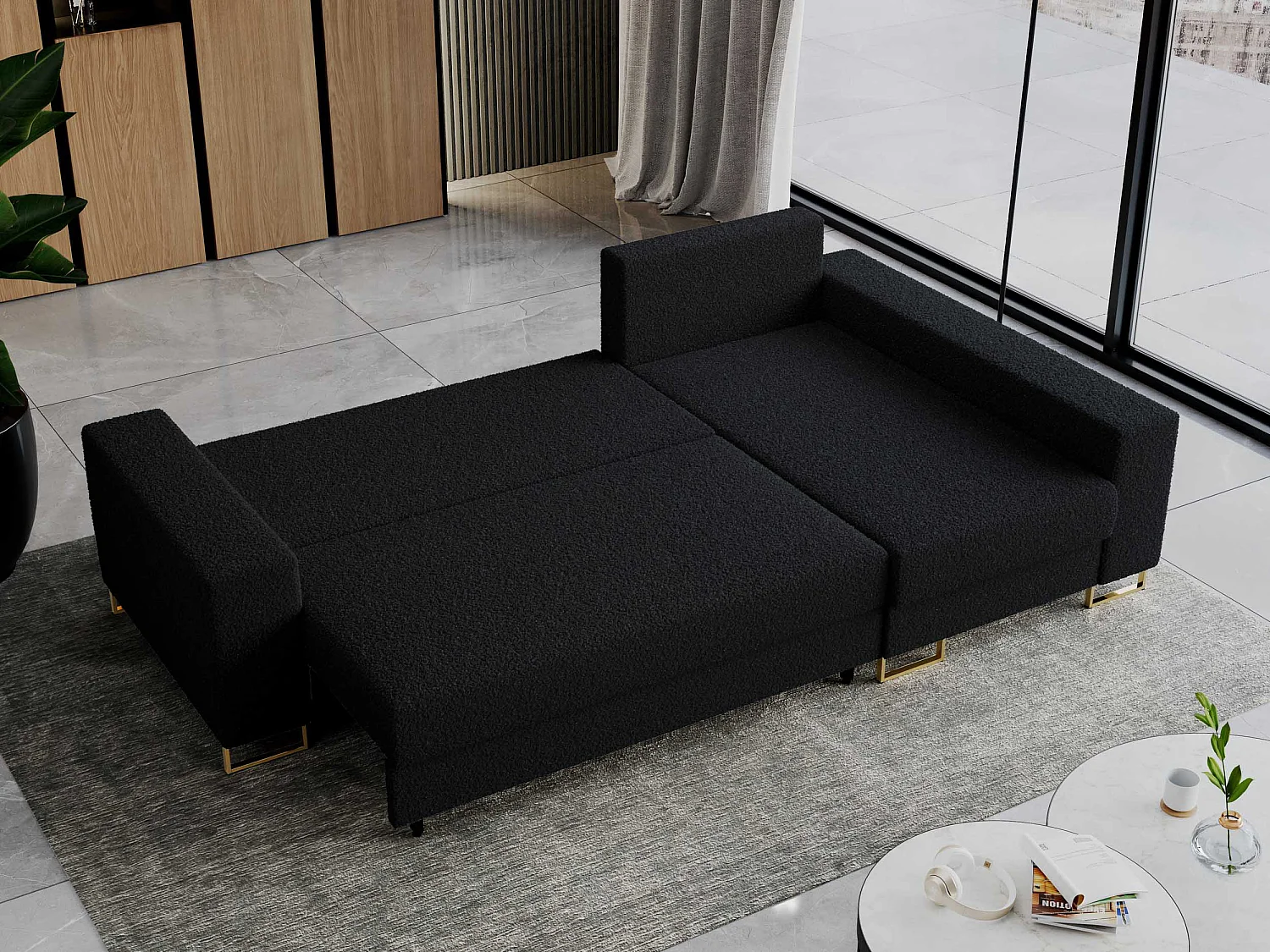 Ecksofa DORIAN - schlaffunktion und Bettkasten, lose Kissen - Schwarz Boucle