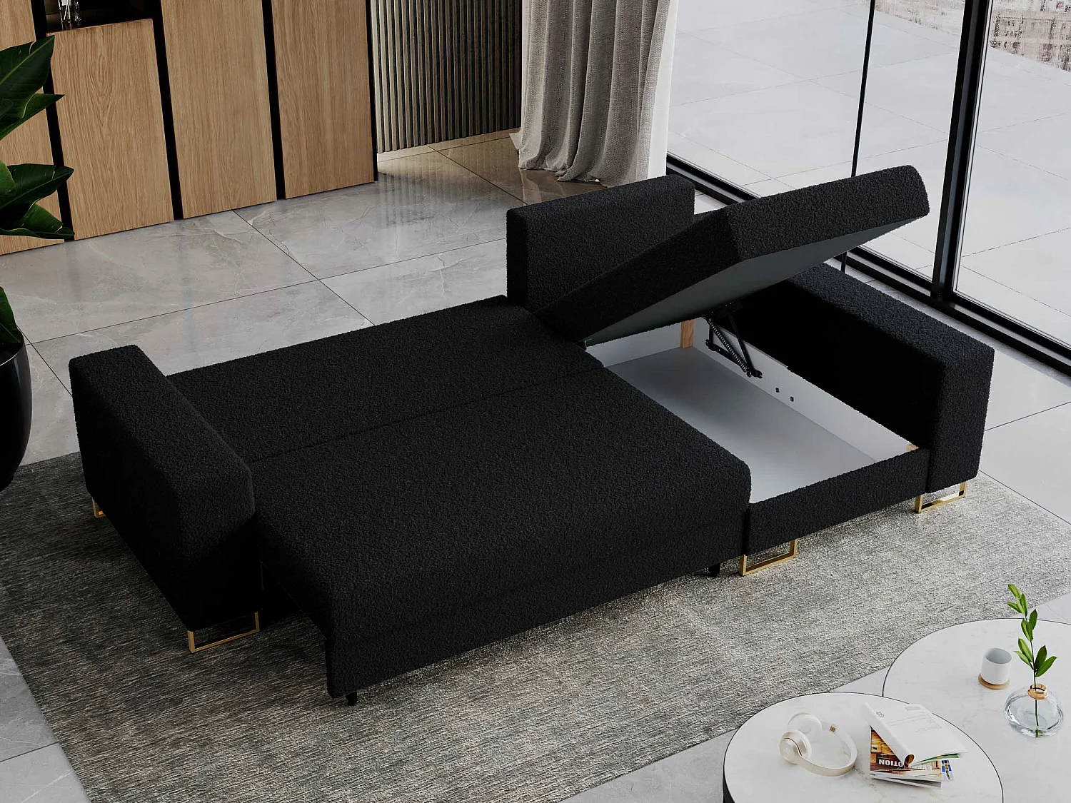 Ecksofa DORIAN - schlaffunktion und Bettkasten, lose Kissen - Schwarz Boucle