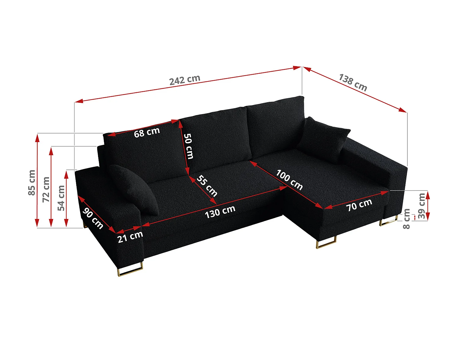 Ecksofa DORIAN - schlaffunktion und Bettkasten, lose Kissen - Schwarz Boucle