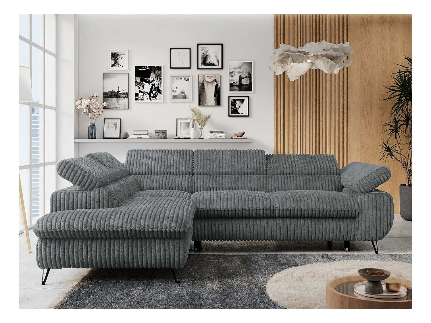 Ecksofa PETER verstellbare Kopfstütze, schlaffunktion - Dunkelgrau Cord - Ecke Links