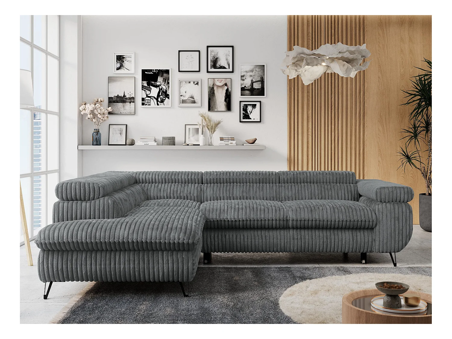 Ecksofa PETER verstellbare Kopfstütze, schlaffunktion - Dunkelgrau Cord - Ecke Links