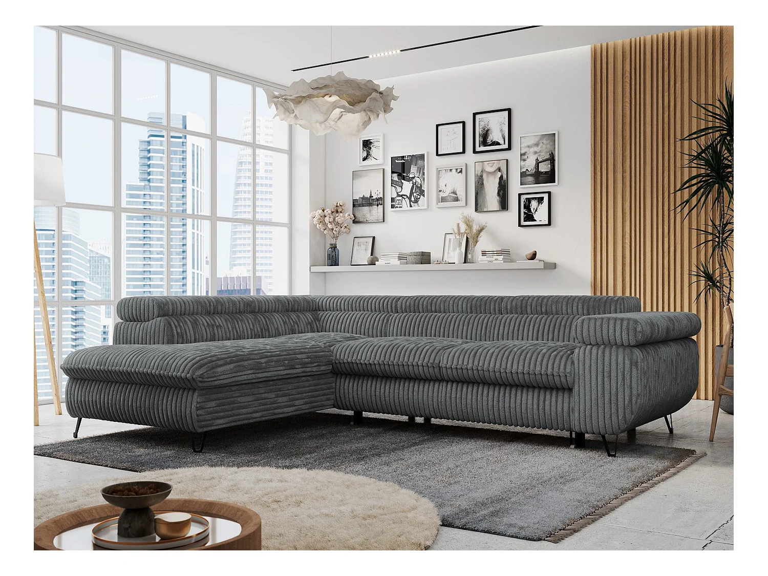 Ecksofa PETER verstellbare Kopfstütze, schlaffunktion - Dunkelgrau Cord - Ecke Links