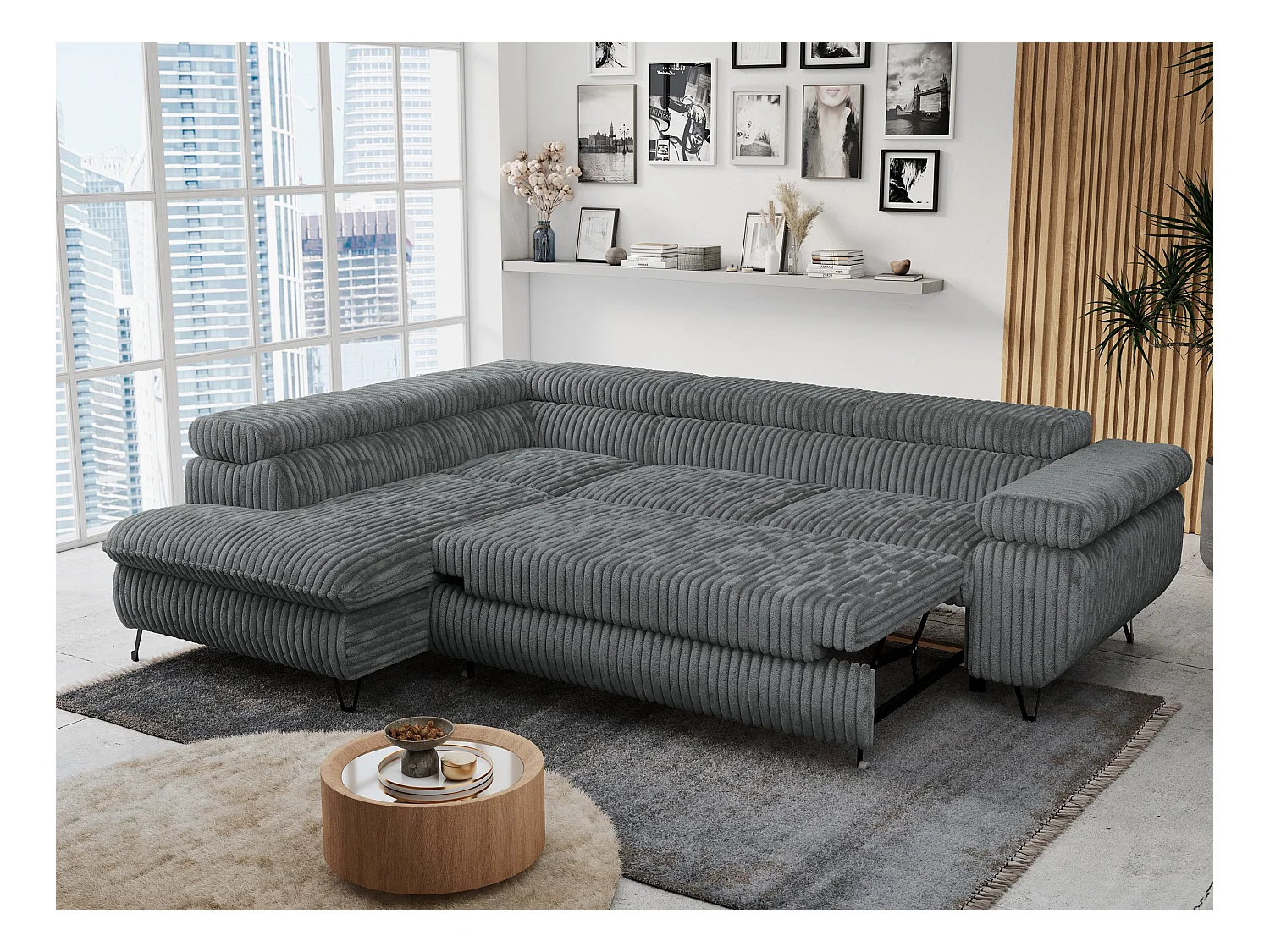 Ecksofa PETER verstellbare Kopfstütze, schlaffunktion - Dunkelgrau Cord - Ecke Links