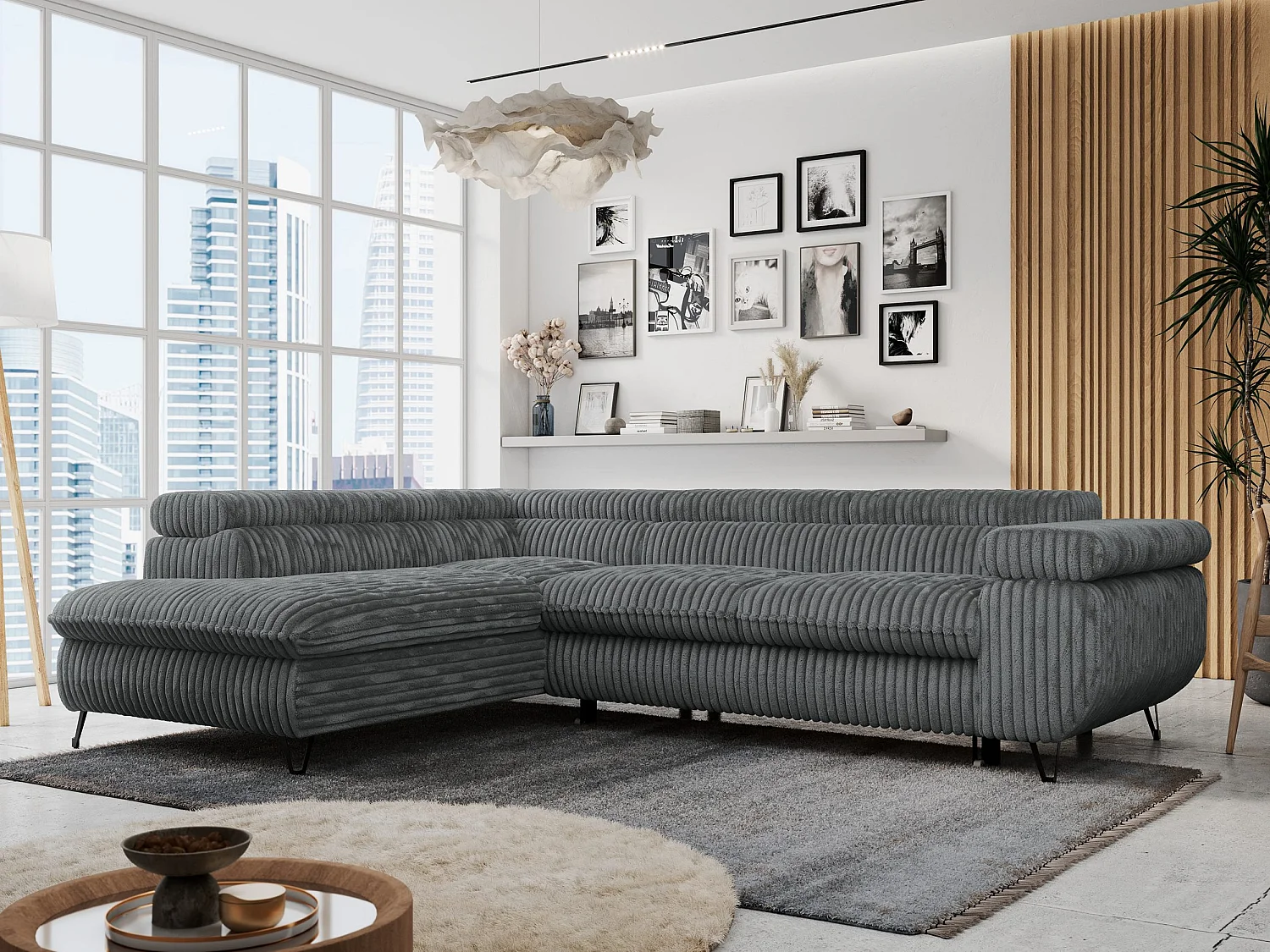 Ecksofa PETER verstellbare Kopfstütze, schlaffunktion - Dunkelgrau Cord - Ecke Links