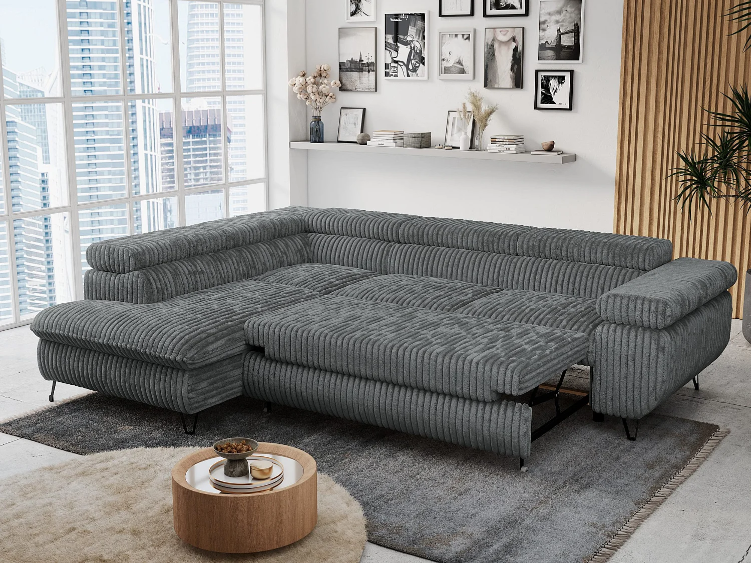 Ecksofa PETER verstellbare Kopfstütze, schlaffunktion - Dunkelgrau Cord - Ecke Links