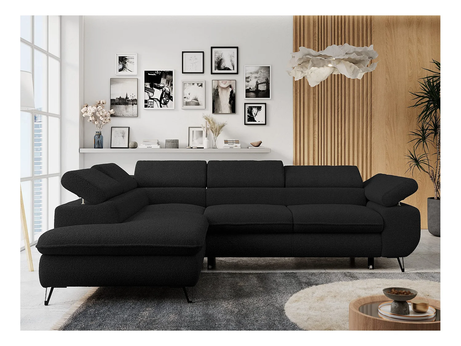 Ecksofa PETER verstellbare Kopfstütze, schlaffunktion - Schwarz Boucle - Ecke Links