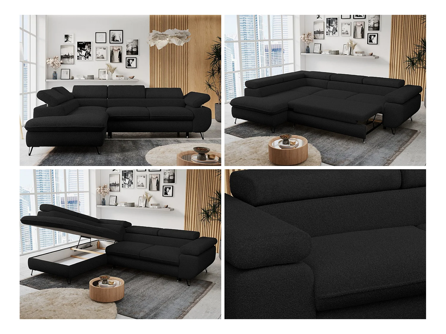 Ecksofa PETER verstellbare Kopfstütze, schlaffunktion - Schwarz Boucle - Ecke Links