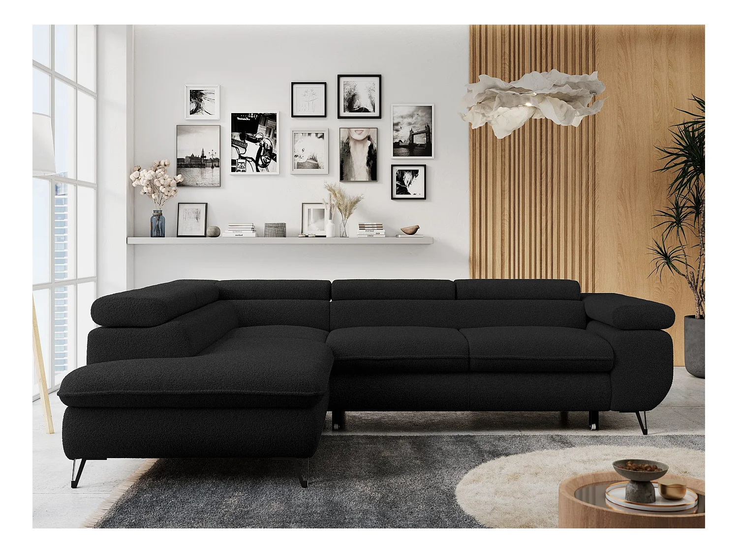 Ecksofa PETER verstellbare Kopfstütze, schlaffunktion - Schwarz Boucle - Ecke Links