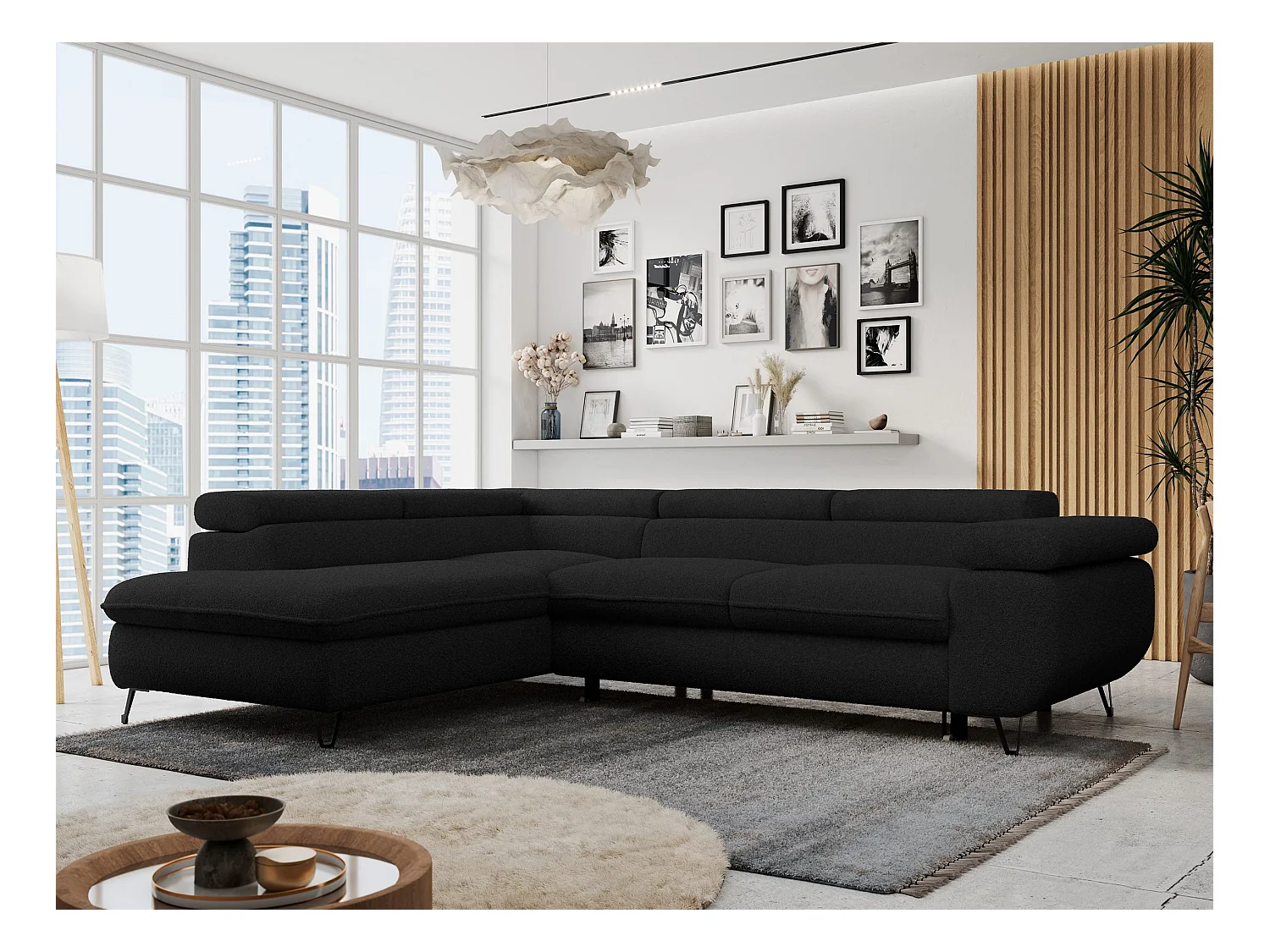 Ecksofa PETER verstellbare Kopfstütze, schlaffunktion - Schwarz Boucle - Ecke Links