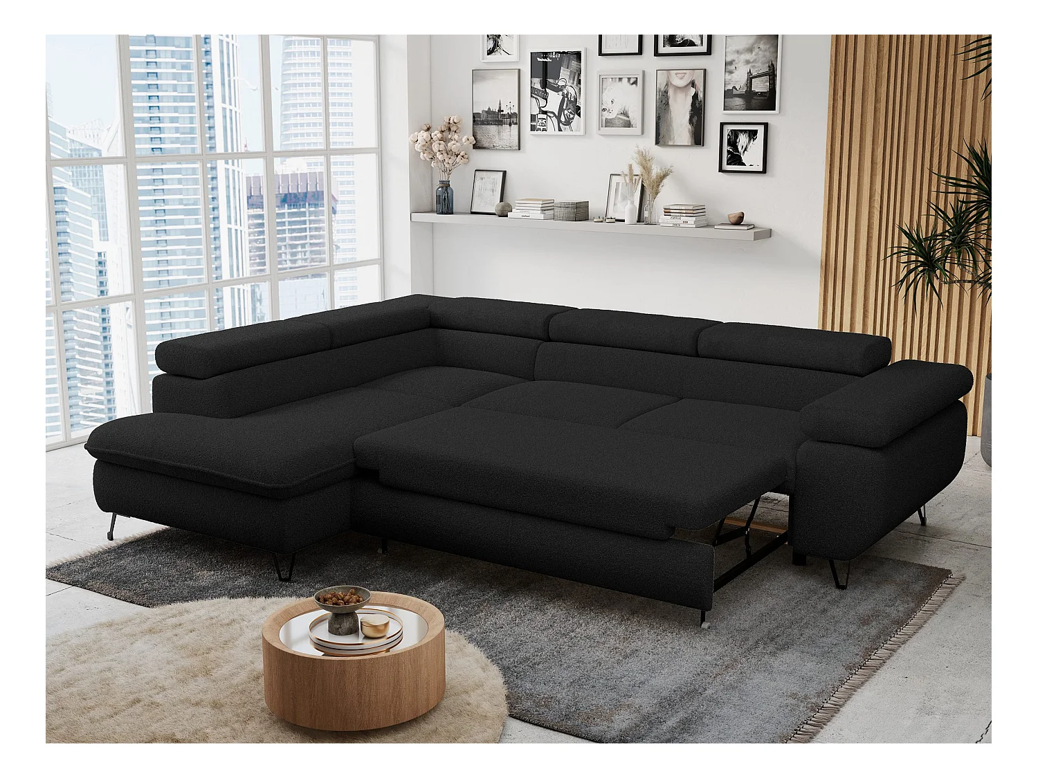 Ecksofa PETER verstellbare Kopfstütze, schlaffunktion - Schwarz Boucle - Ecke Links