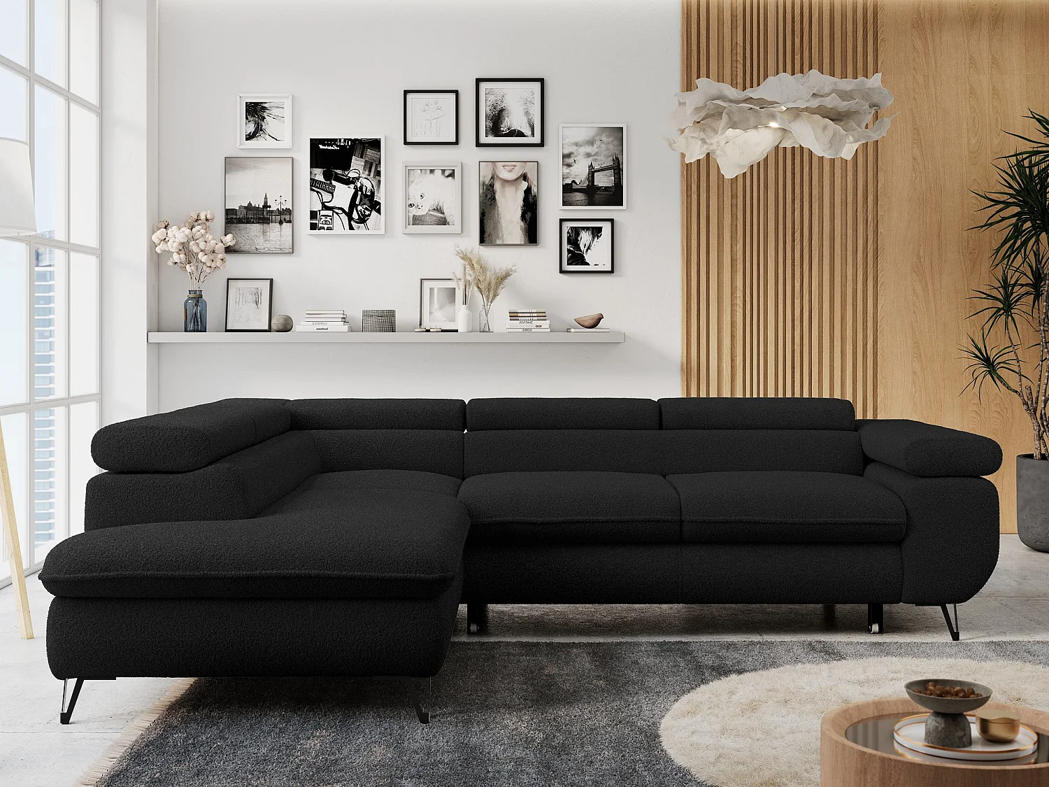 Ecksofa PETER verstellbare Kopfstütze, schlaffunktion - Schwarz Boucle - Ecke Links