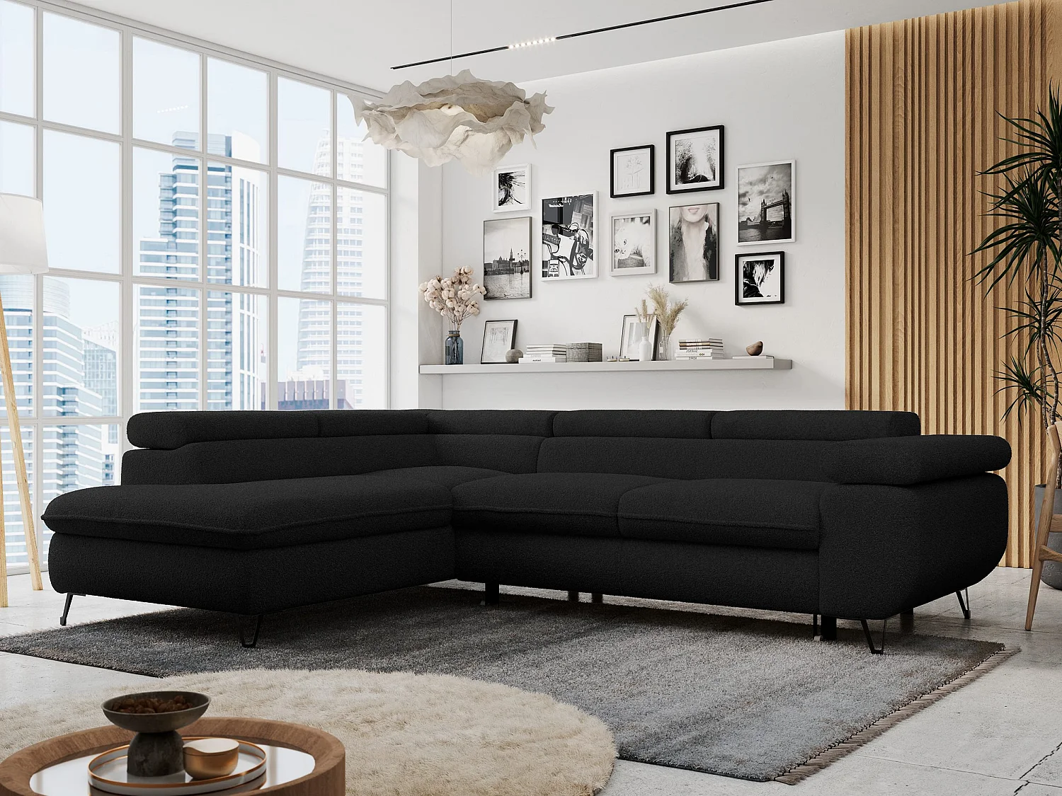 Ecksofa PETER verstellbare Kopfstütze, schlaffunktion - Schwarz Boucle - Ecke Links