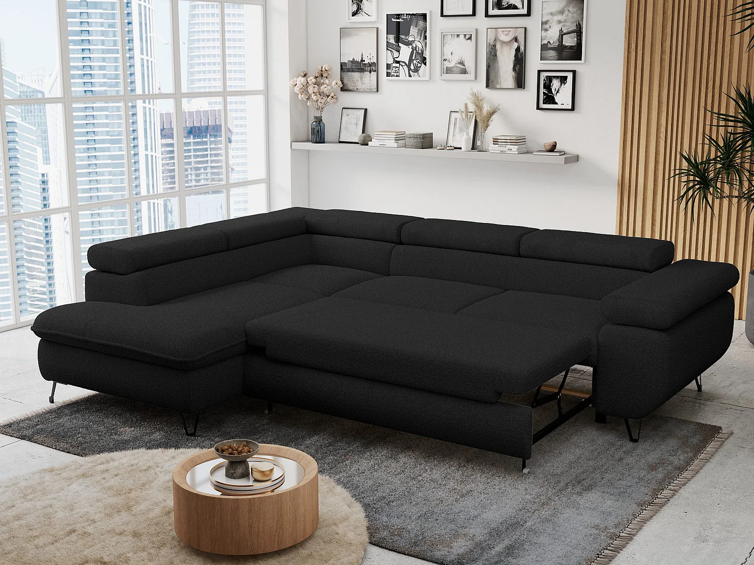 Ecksofa PETER verstellbare Kopfstütze, schlaffunktion - Schwarz Boucle - Ecke Links