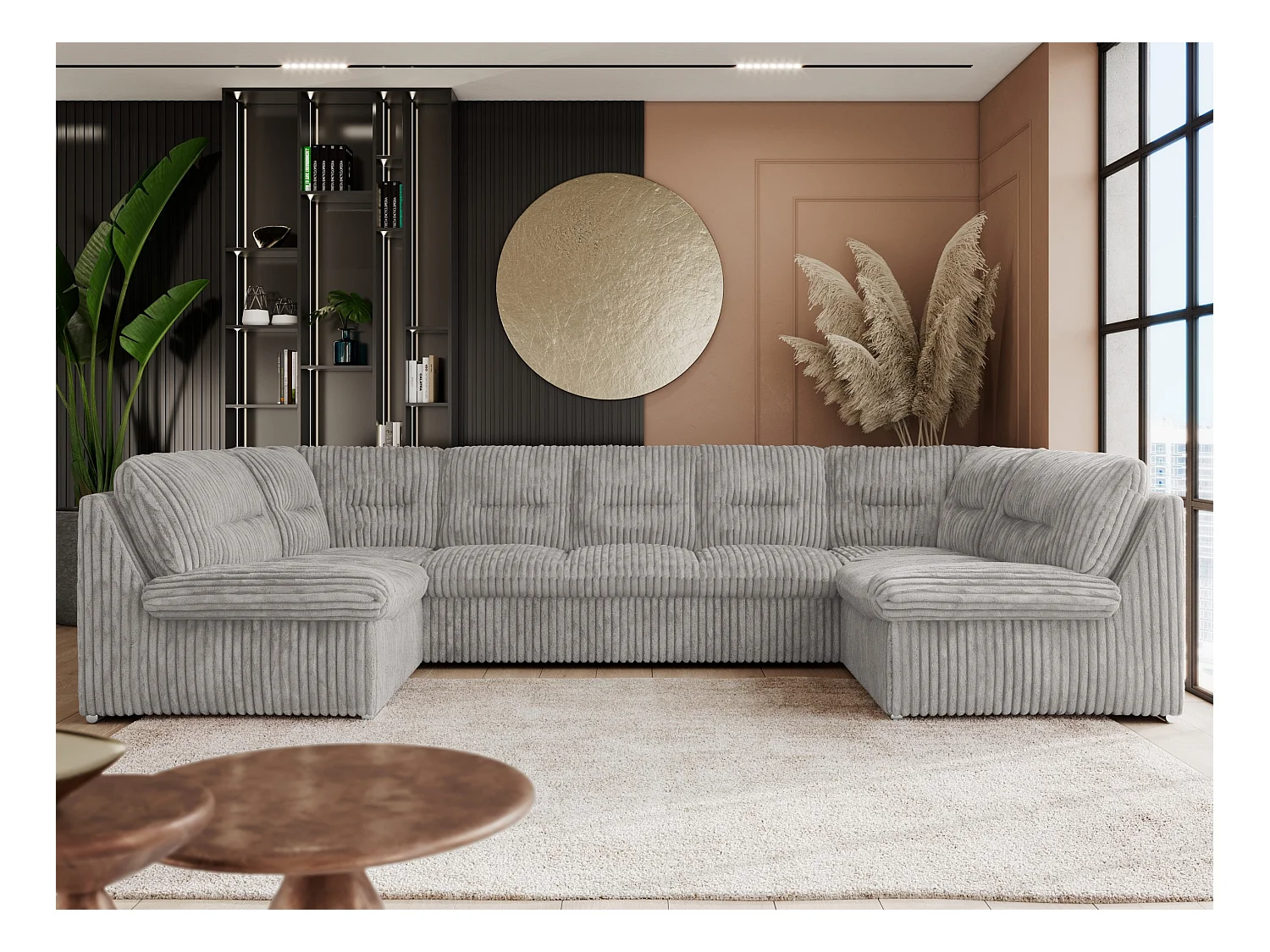 Ecksofa COMODO U, Große Wohnlandschaft, mit Schlaffunktion - Hellgrau Cord