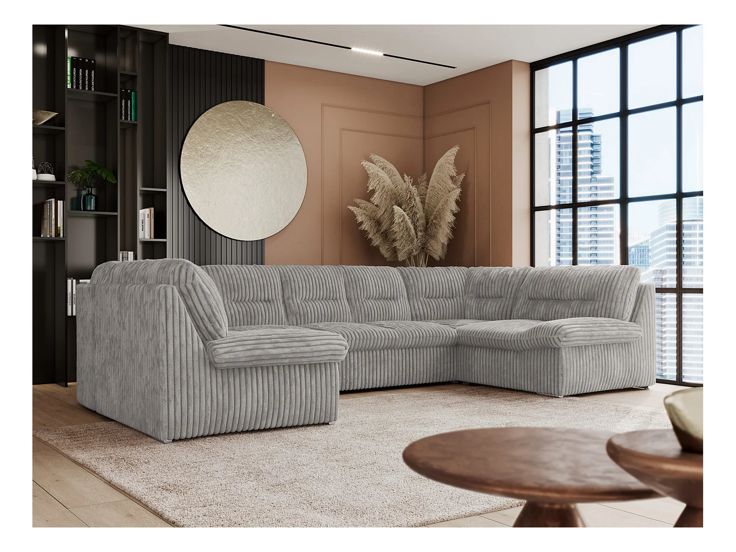 Ecksofa COMODO U, Große Wohnlandschaft, mit Schlaffunktion - Hellgrau Cord