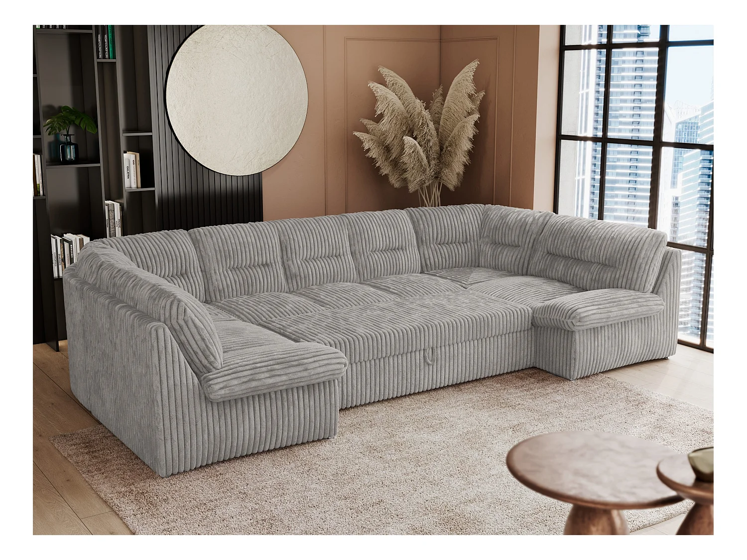 Ecksofa COMODO U, Große Wohnlandschaft, mit Schlaffunktion - Hellgrau Cord