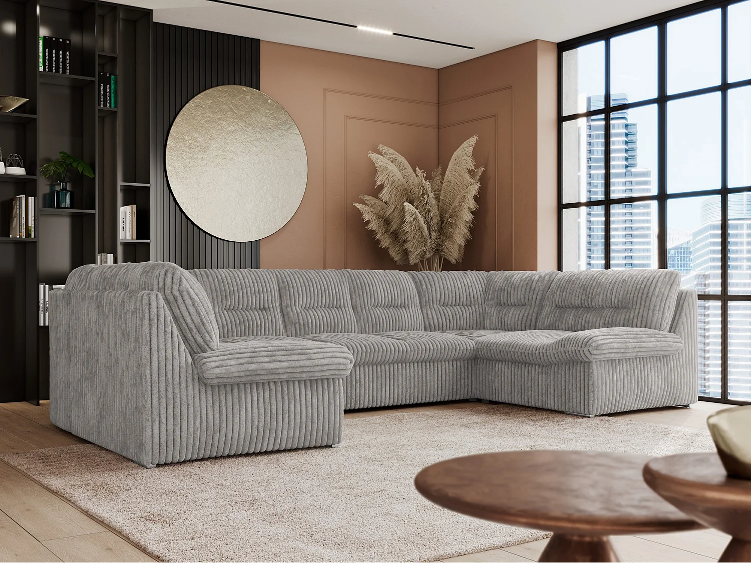 Ecksofa COMODO U, Große Wohnlandschaft, mit Schlaffunktion - Hellgrau Cord