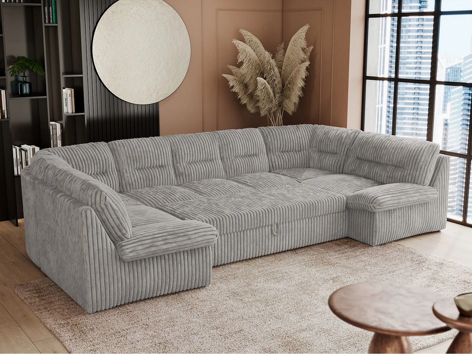 Ecksofa COMODO U, Große Wohnlandschaft, mit Schlaffunktion - Hellgrau Cord