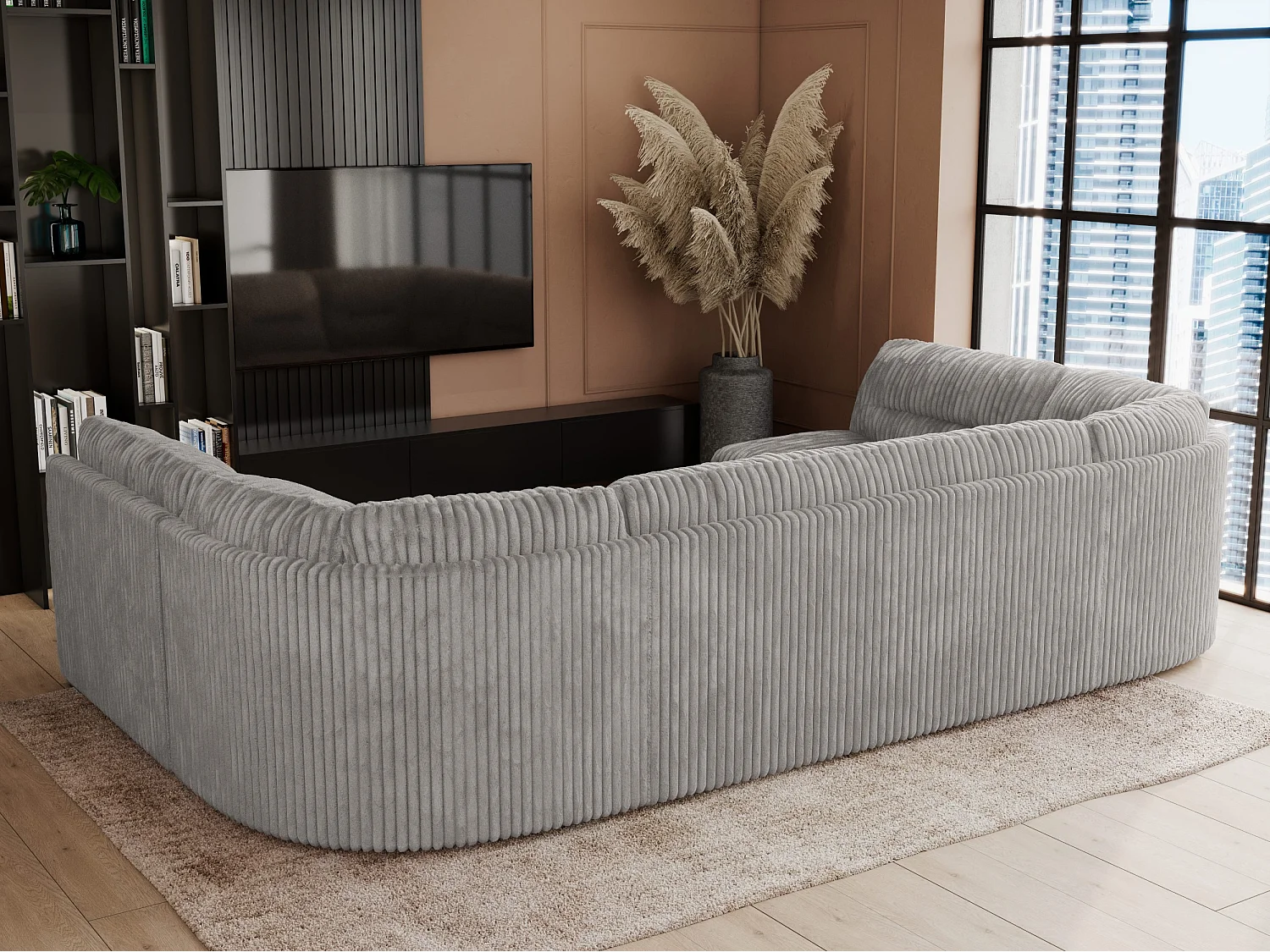 Ecksofa COMODO U, Große Wohnlandschaft, mit Schlaffunktion - Hellgrau Cord