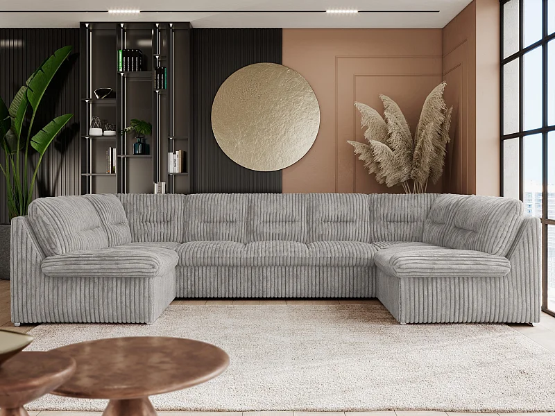 Ecksofa COMODO U, Große Wohnlandschaft, mit Schlaffunktion - Hellgrau Cord