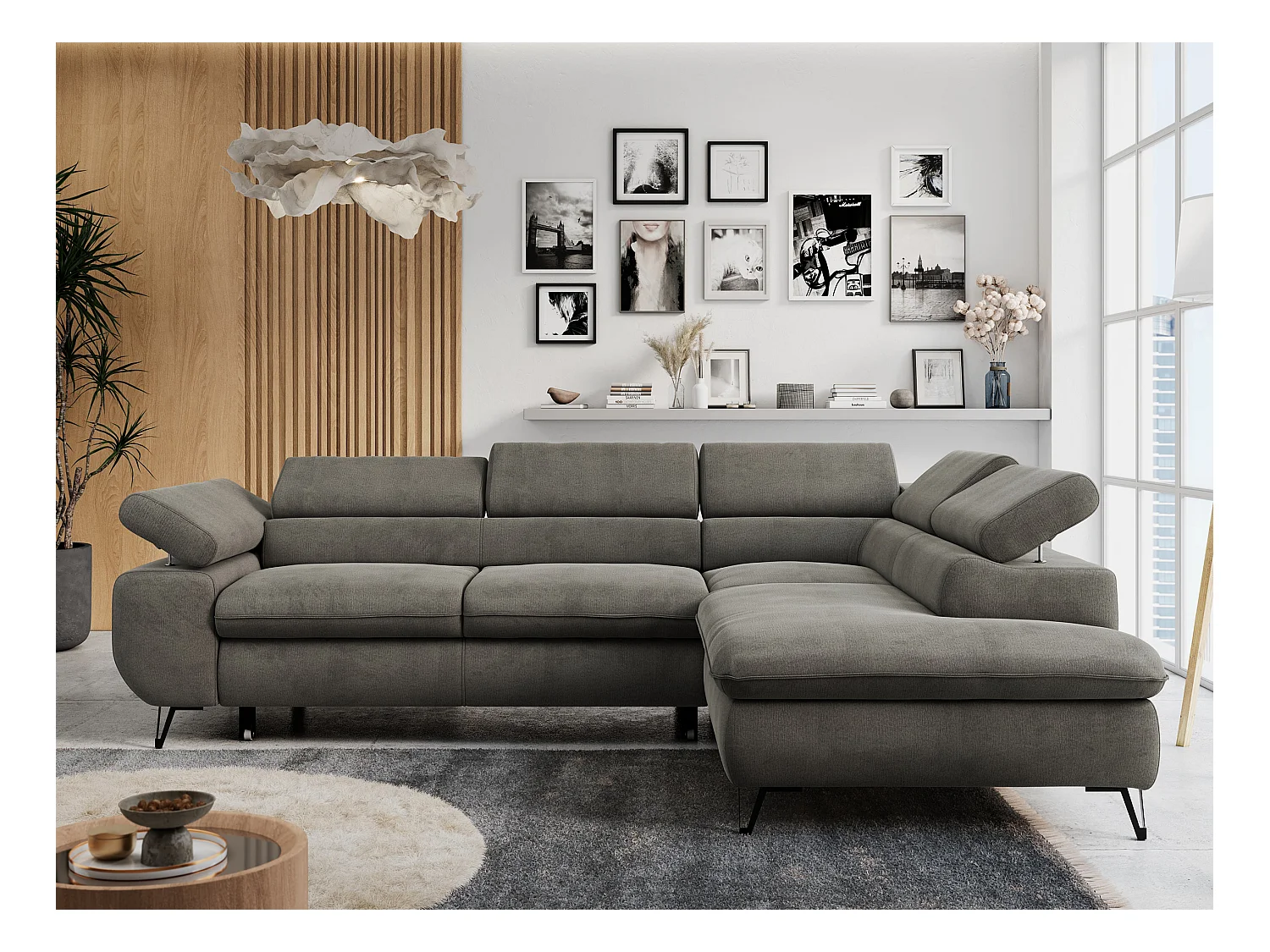 Ecksofa PETER verstellbare Kopfstütze, schlaffunktion - Dunkelgrau Velvet - Ecke Rechts