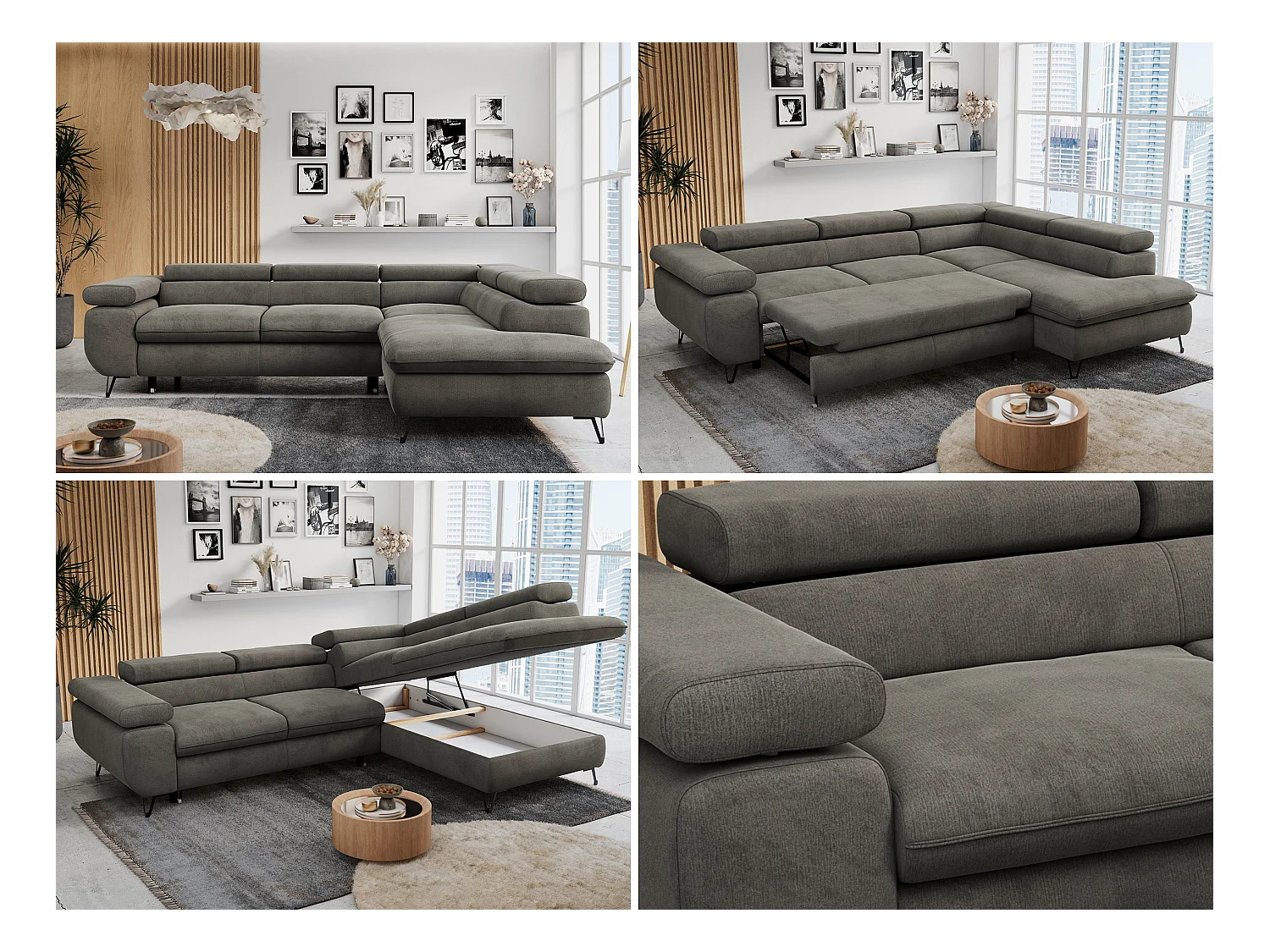 Ecksofa PETER verstellbare Kopfstütze, schlaffunktion - Dunkelgrau Velvet - Ecke Rechts