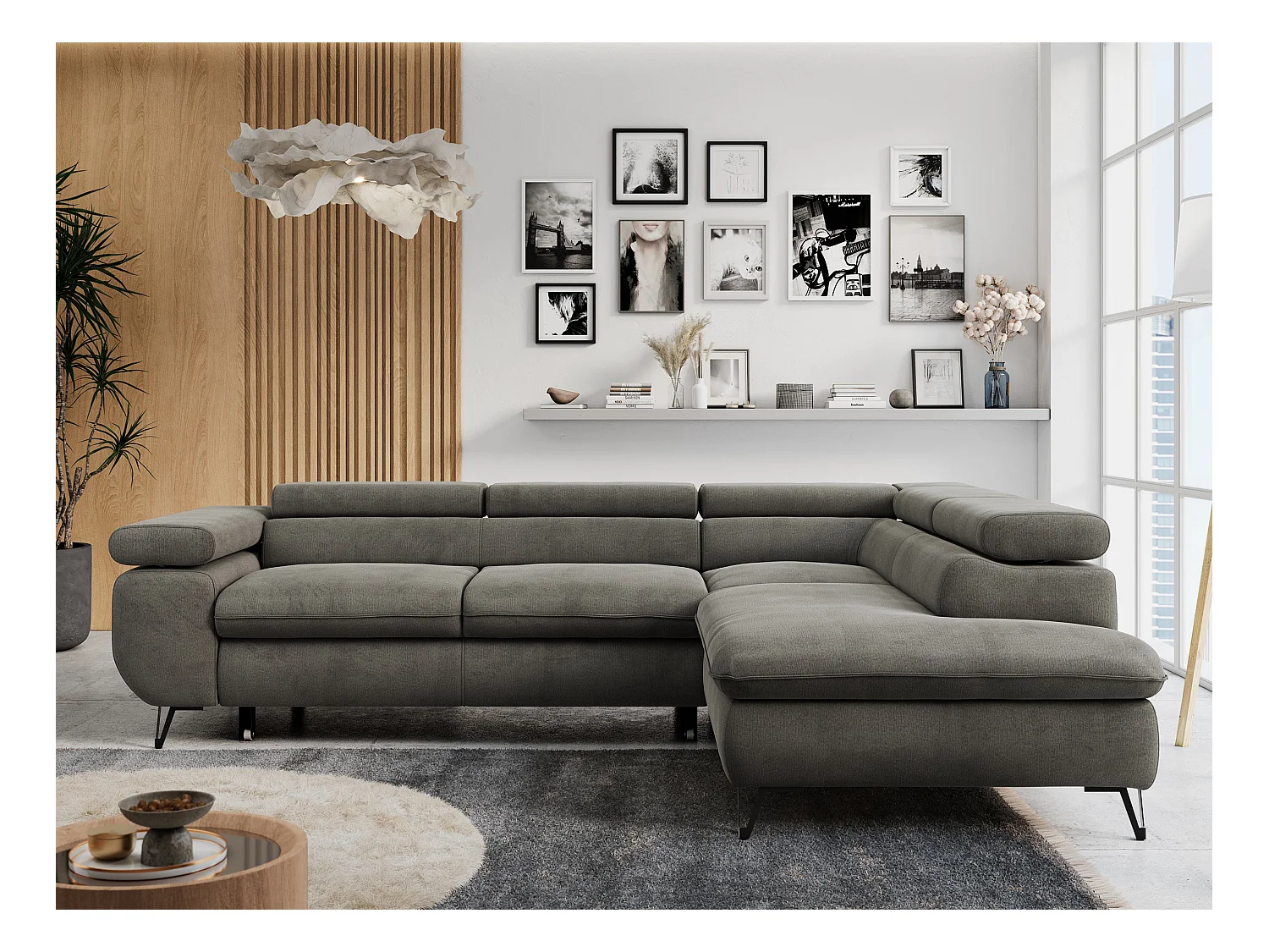 Ecksofa PETER verstellbare Kopfstütze, schlaffunktion - Dunkelgrau Velvet - Ecke Rechts