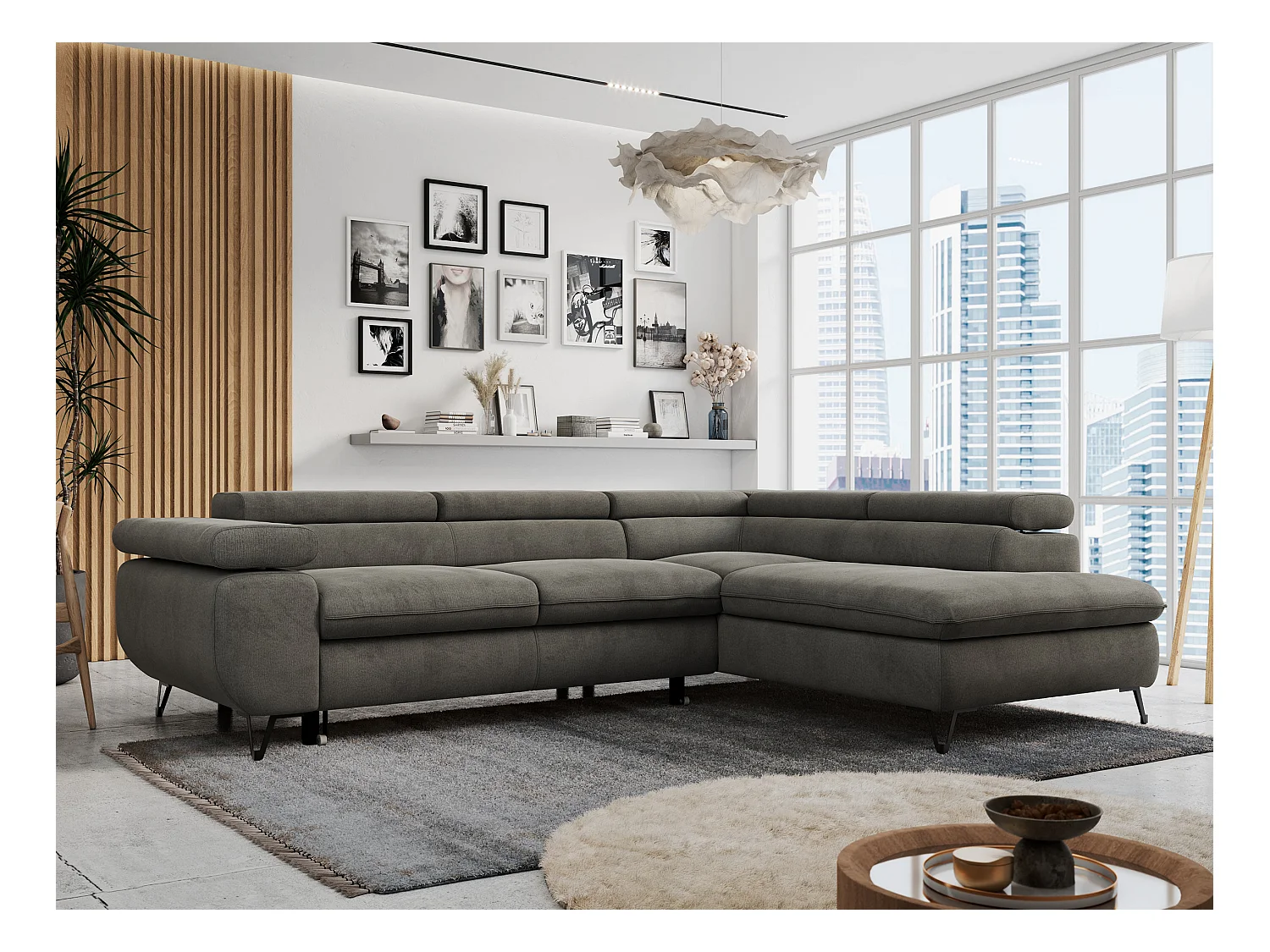 Ecksofa PETER verstellbare Kopfstütze, schlaffunktion - Dunkelgrau Velvet - Ecke Rechts