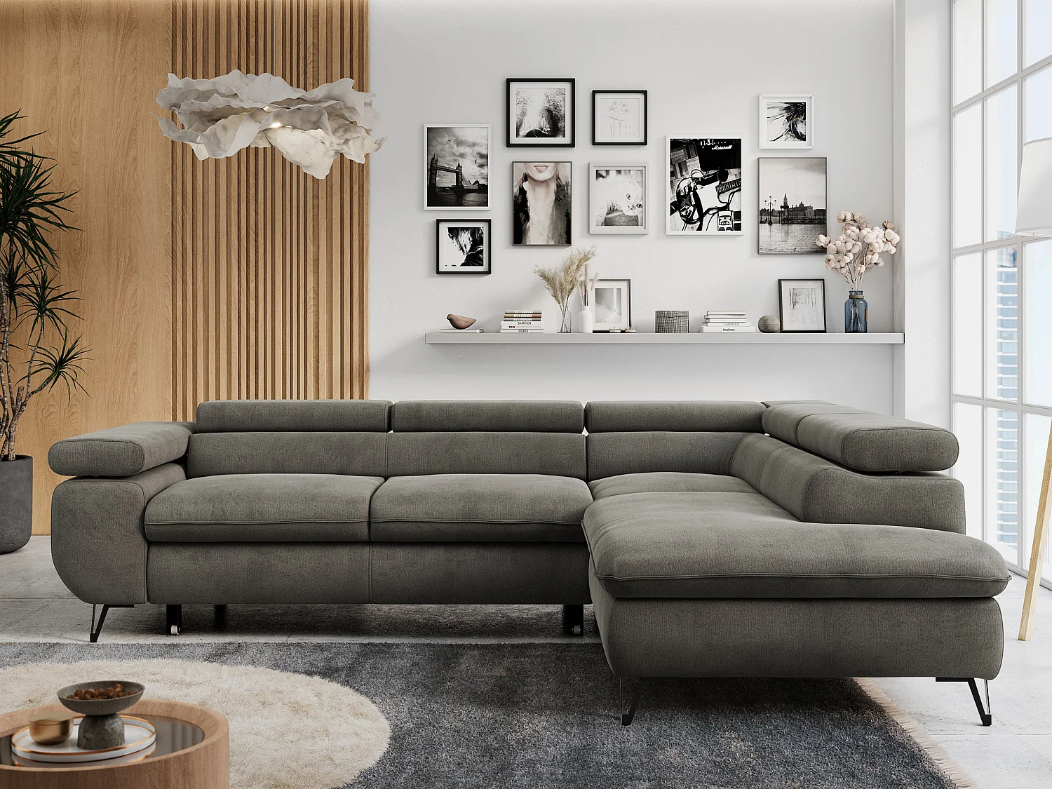 Ecksofa PETER verstellbare Kopfstütze, schlaffunktion - Dunkelgrau Velvet - Ecke Rechts