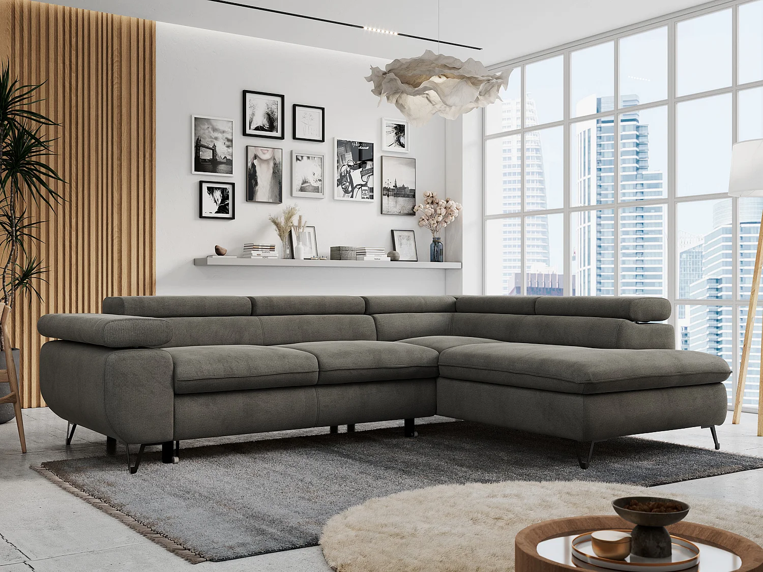 Ecksofa PETER verstellbare Kopfstütze, schlaffunktion - Dunkelgrau Velvet - Ecke Rechts