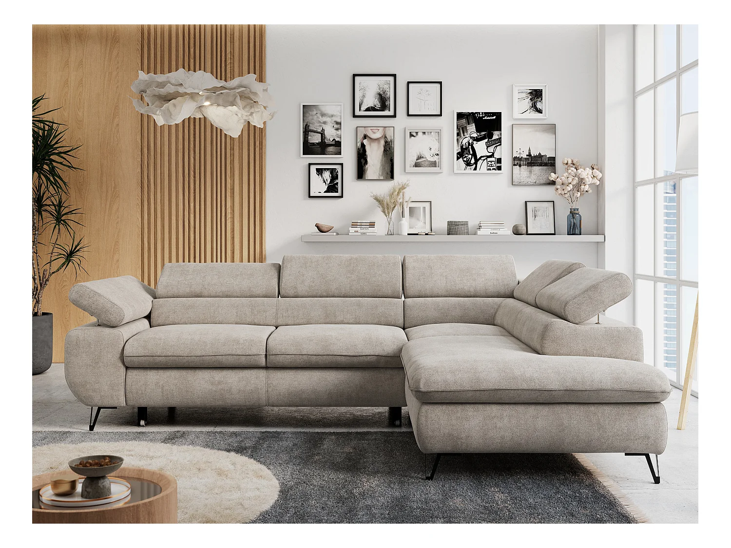 Ecksofa PETER verstellbare Kopfstütze, schlaffunktion - Beige Stukture - Ecke Rechts