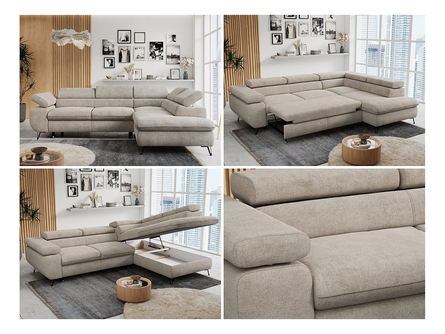 Ecksofa PETER verstellbare Kopfstütze, schlaffunktion - Beige Stukture - Ecke Rechts