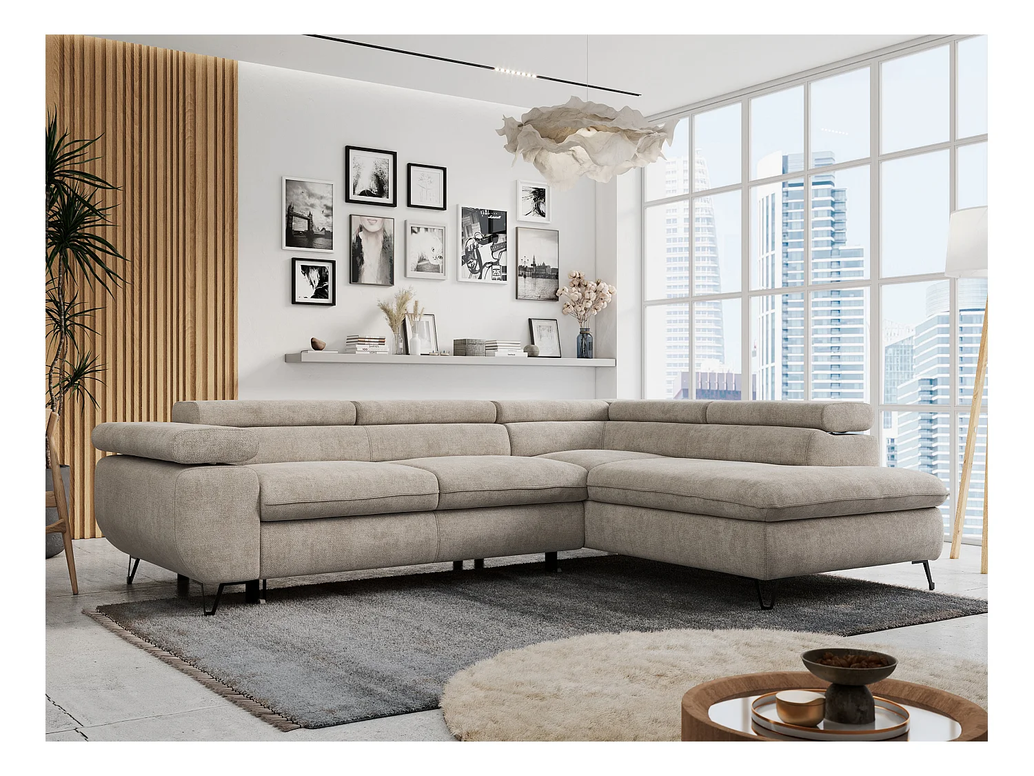 Ecksofa PETER verstellbare Kopfstütze, schlaffunktion - Beige Stukture - Ecke Rechts