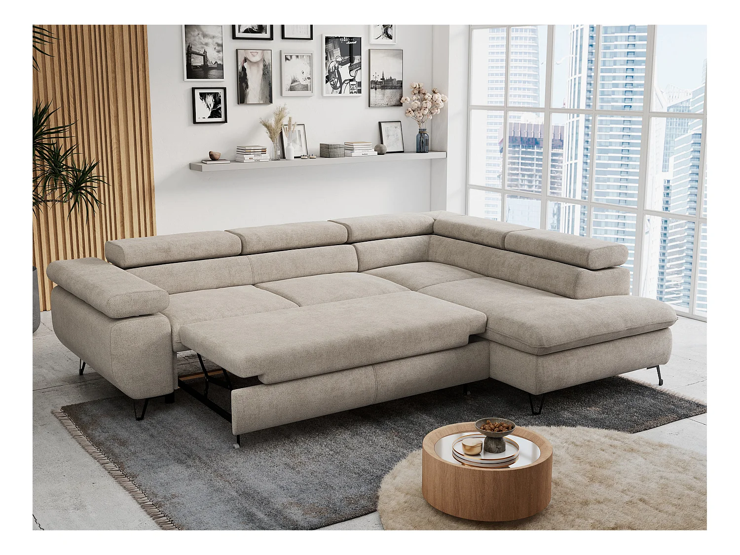 Ecksofa PETER verstellbare Kopfstütze, schlaffunktion - Beige Stukture - Ecke Rechts