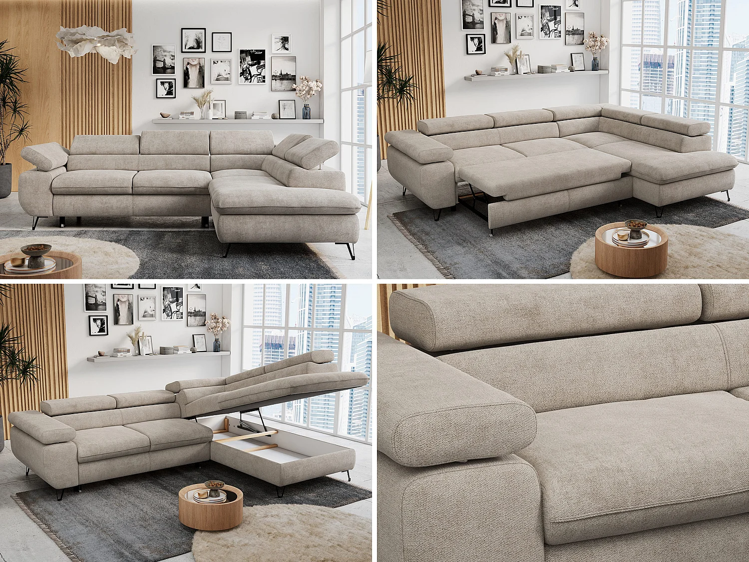 Ecksofa PETER verstellbare Kopfstütze, schlaffunktion - Beige Stukture - Ecke Rechts