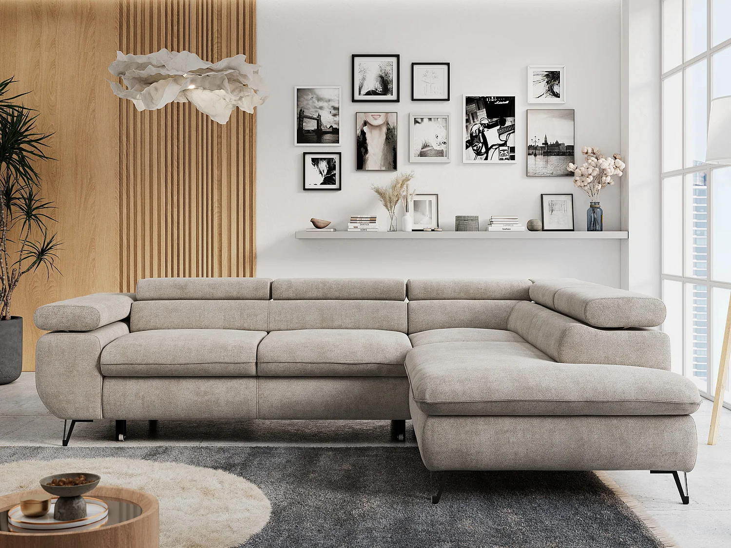 Ecksofa PETER verstellbare Kopfstütze, schlaffunktion - Beige Stukture - Ecke Rechts