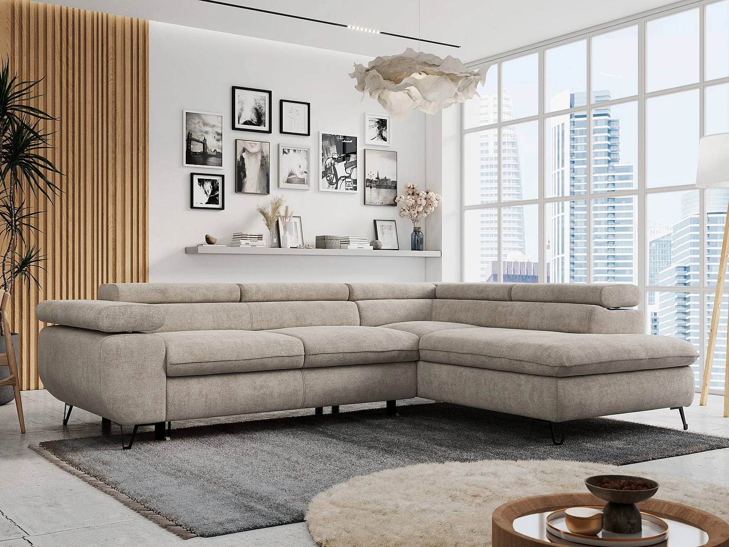 Ecksofa PETER verstellbare Kopfstütze, schlaffunktion - Beige Stukture - Ecke Rechts