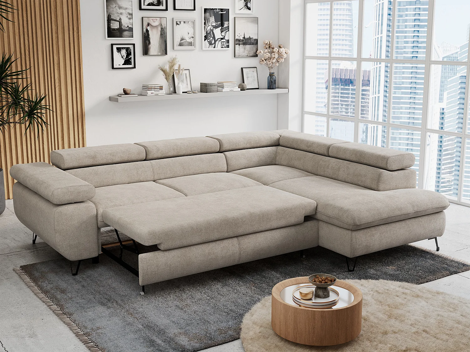 Ecksofa PETER verstellbare Kopfstütze, schlaffunktion - Beige Stukture - Ecke Rechts