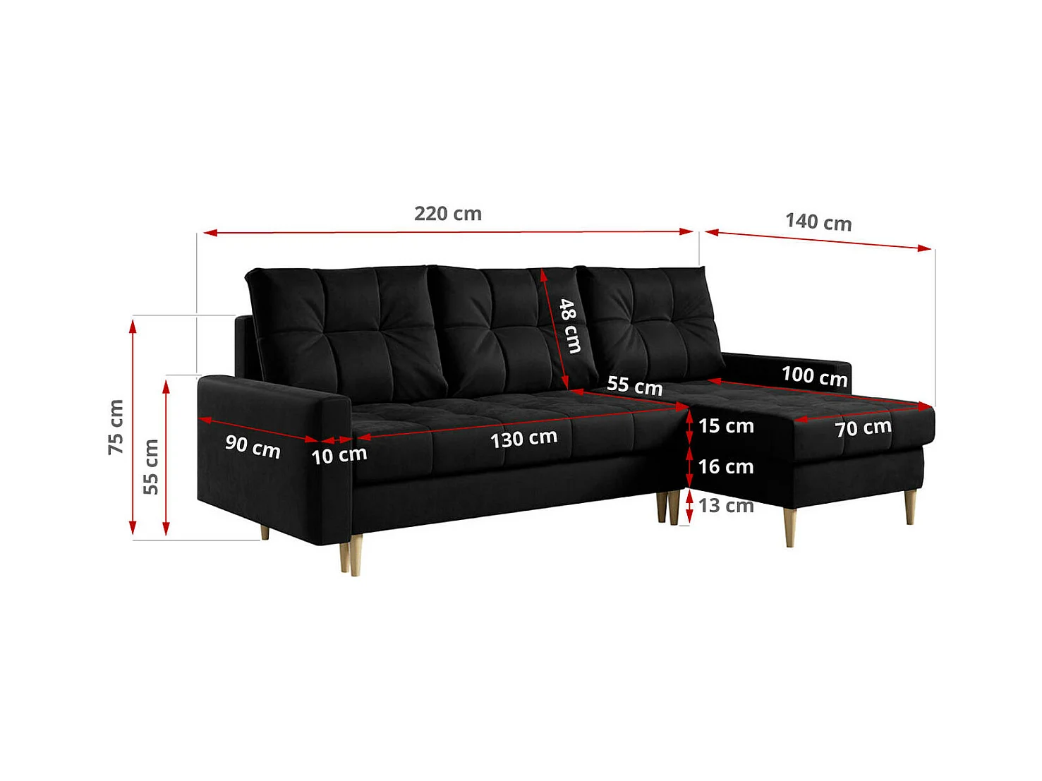 Ecksofa ASTRA - skandinavisch L-förmige Ecke, schlaffunktion - Schwarz Velvet