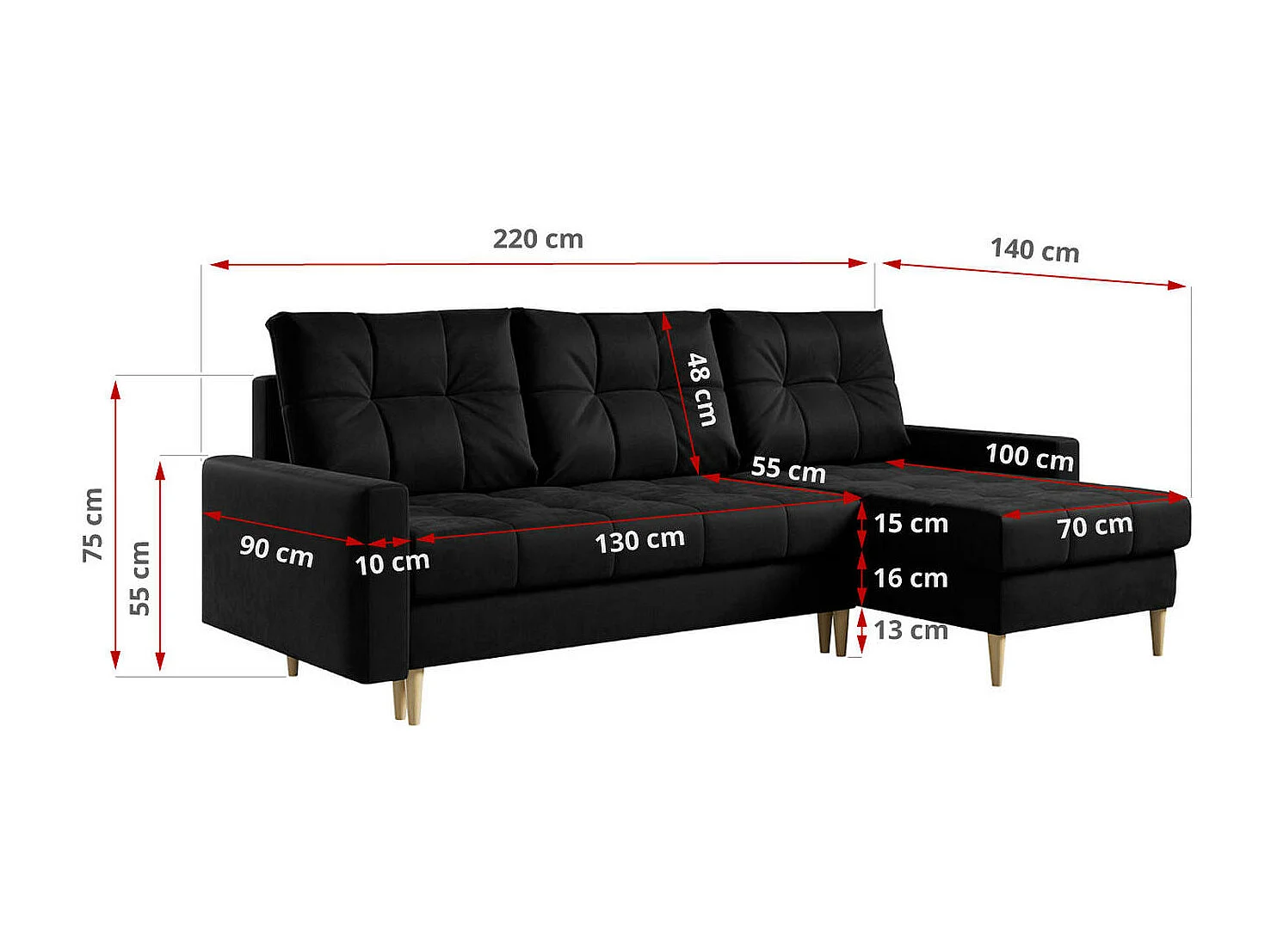 Ecksofa ASTRA - skandinavisch L-förmige Ecke, schlaffunktion - Schwarz Velvet
